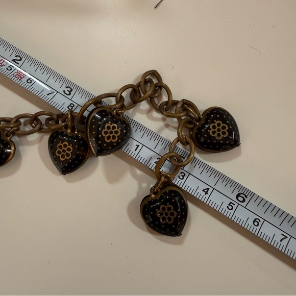 Antique Victorian revival art deco Brass Black enamel Heart Charm bracelet - Picture 9 of 17